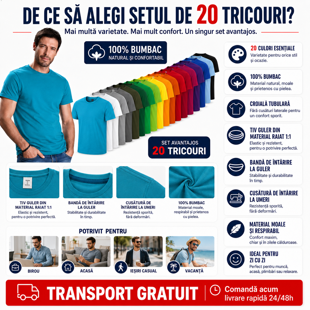 Set 20 tricouri bărbați 100% bumbac multicolor cu transport gratuit